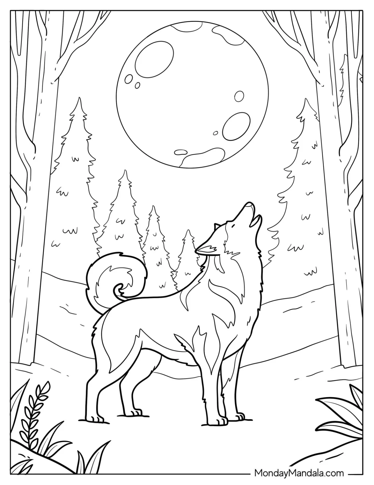 Husky Coloring Pages Howling at a Full Moon for Kids coloring page — printable line art