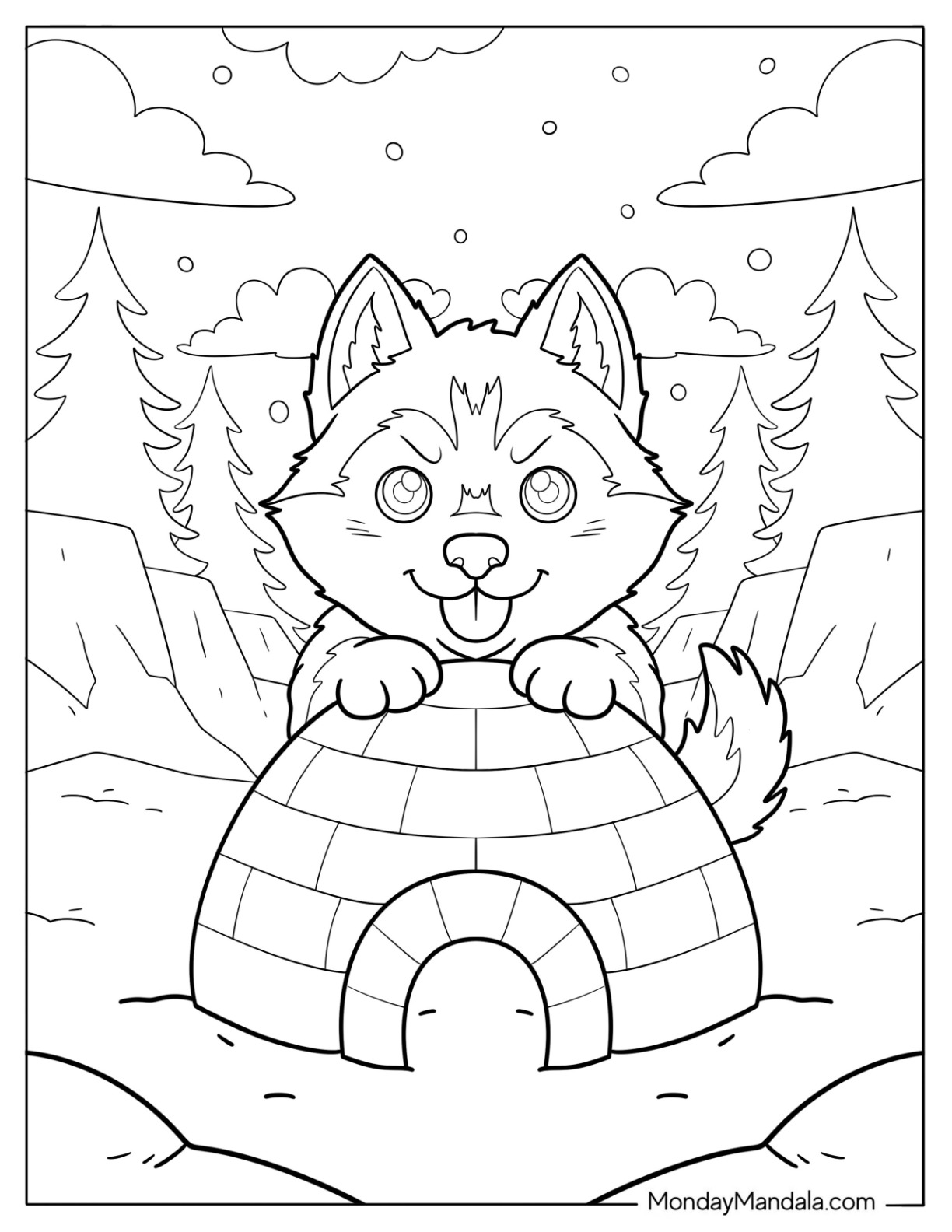 Husky Coloring Pages Puppy on Top of an Igloo for Kids coloring page