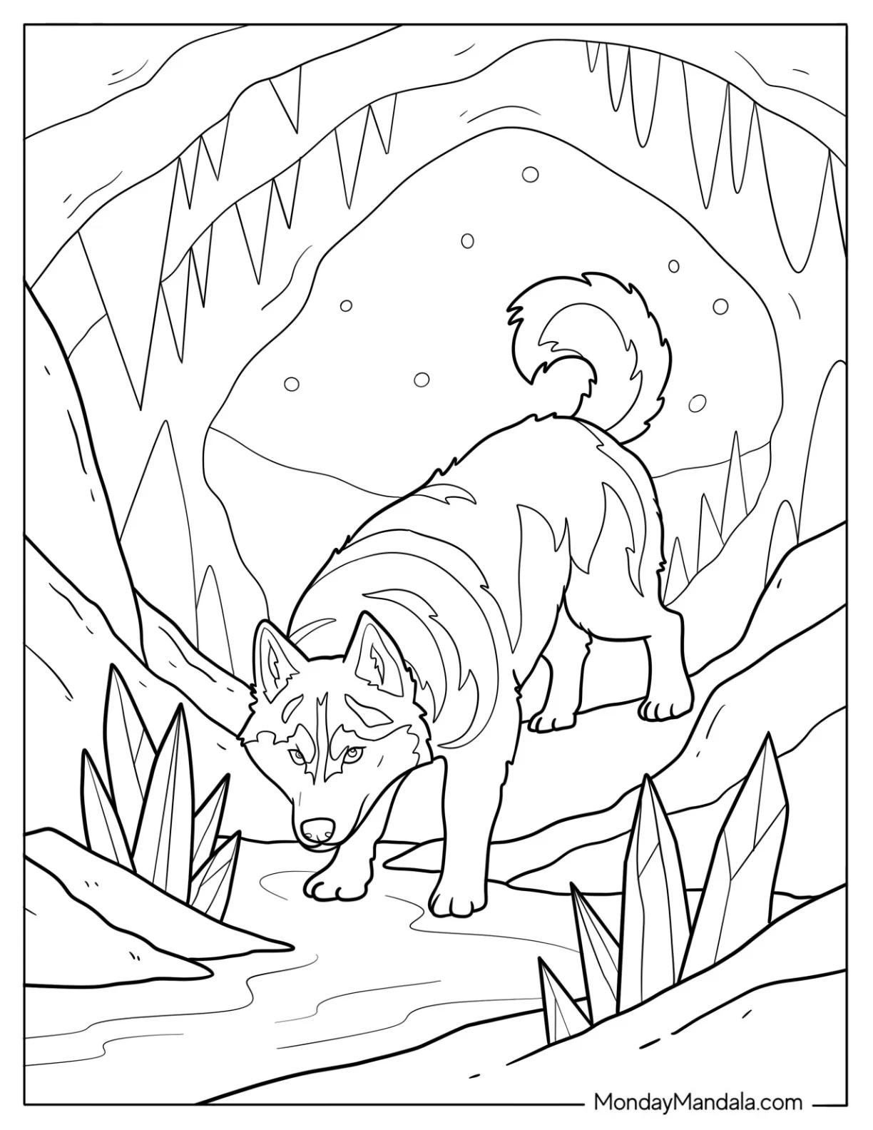 Husky Coloring Pages Sneaking into Cave with Crystals coloring page — printable line art