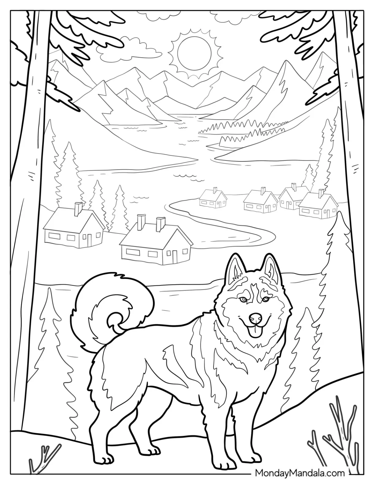 Husky Coloring Pages Standing on Cliff Overlooking Tiny Village coloring page — printable line art