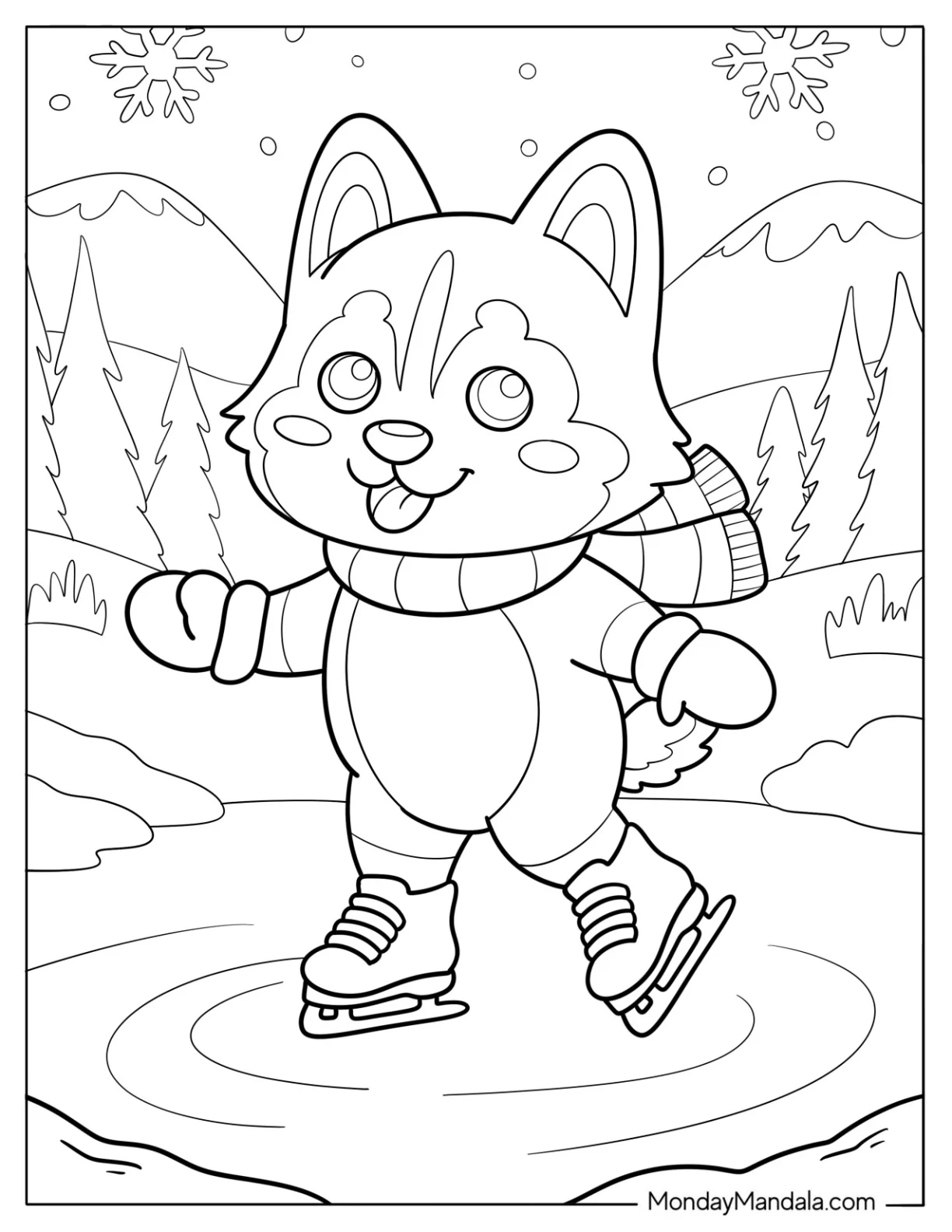 Husky Coloring Pages with Mitts and Scarf Ice Skating in Winter for Kids coloring page — printable line art