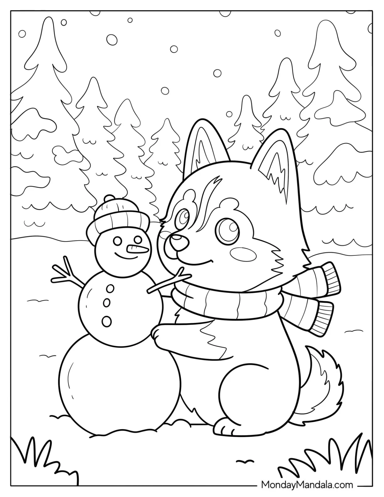 Husky Coloring Pages with Scarf Building a Snowman for Kids coloring page — printable line art
