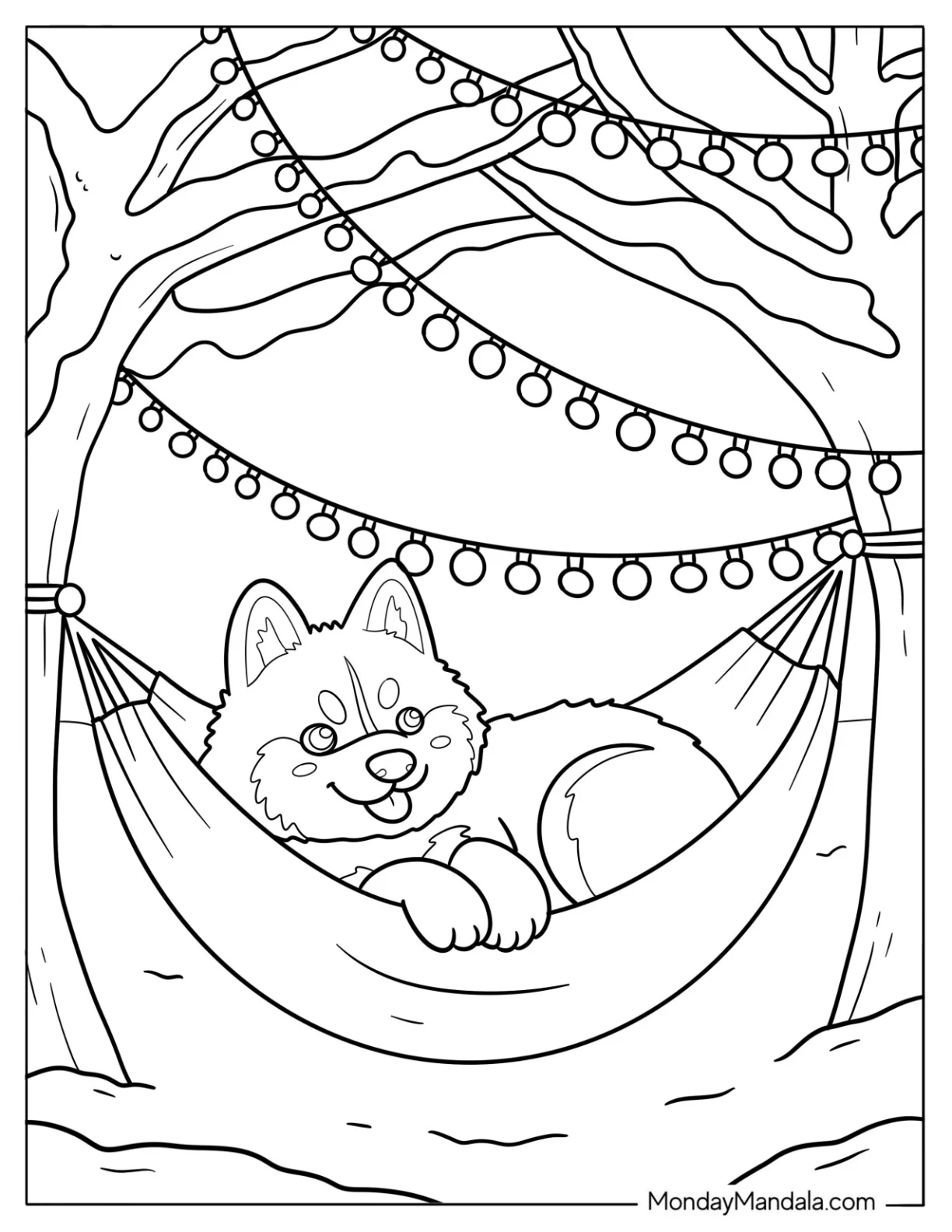 Kawaii Husky Coloring Pages in a Hammock Below String Lights for Kids coloring page — printable line art