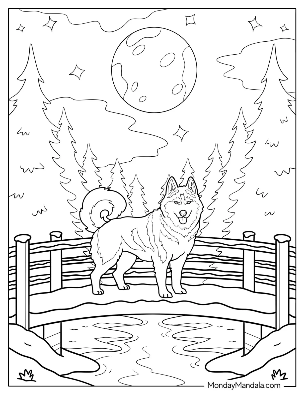 Large Husky Coloring Pages Standing Next to a Fence on Starry Night coloring page — printable line art
