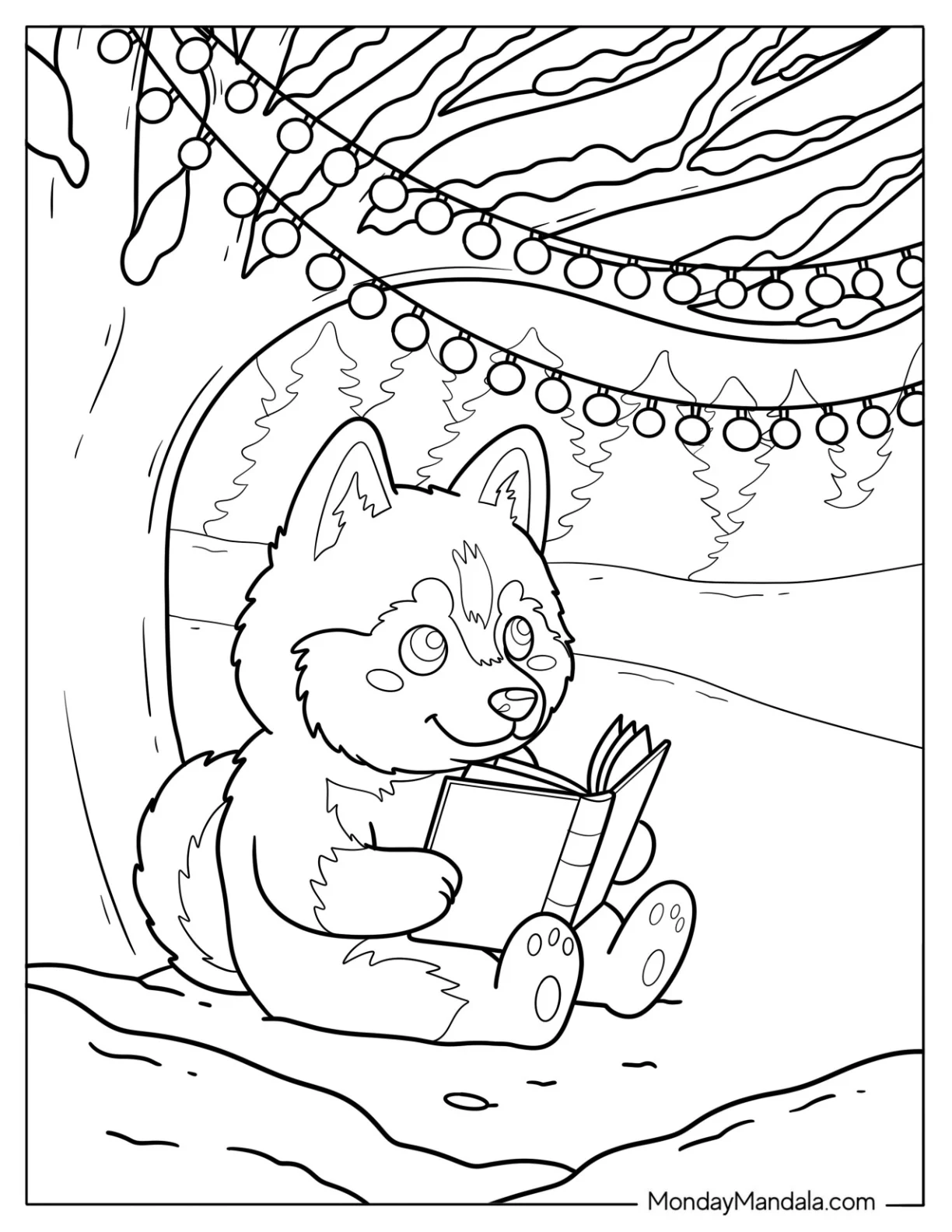 Nerdy Husky Coloring Pages Reading Book Under Tree with String Lights for Kids coloring page — printable line art