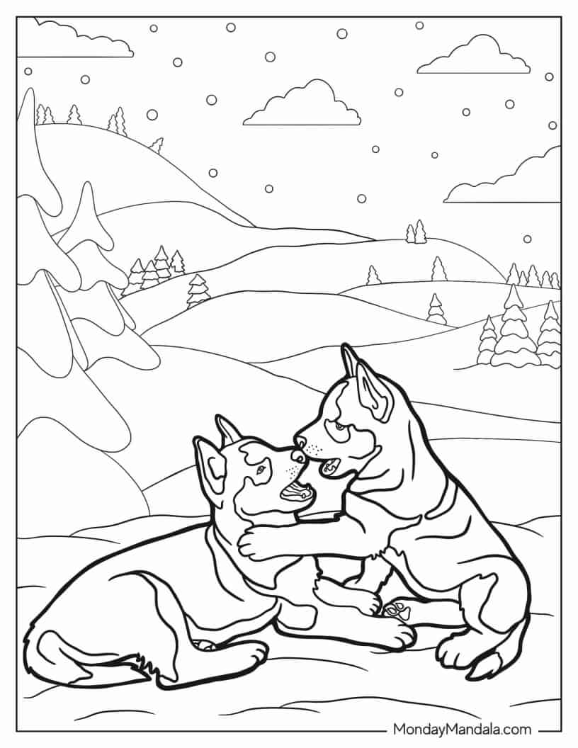 Two Husky Puppies Playing In Snow coloring page — printable line art