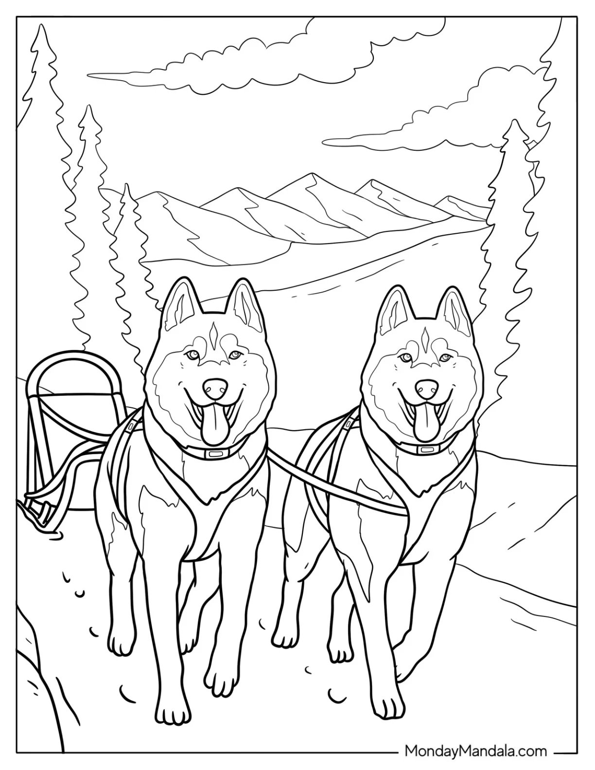 Two Working Husky Coloring Pages Pulling Sled in Winter coloring page — printable line art