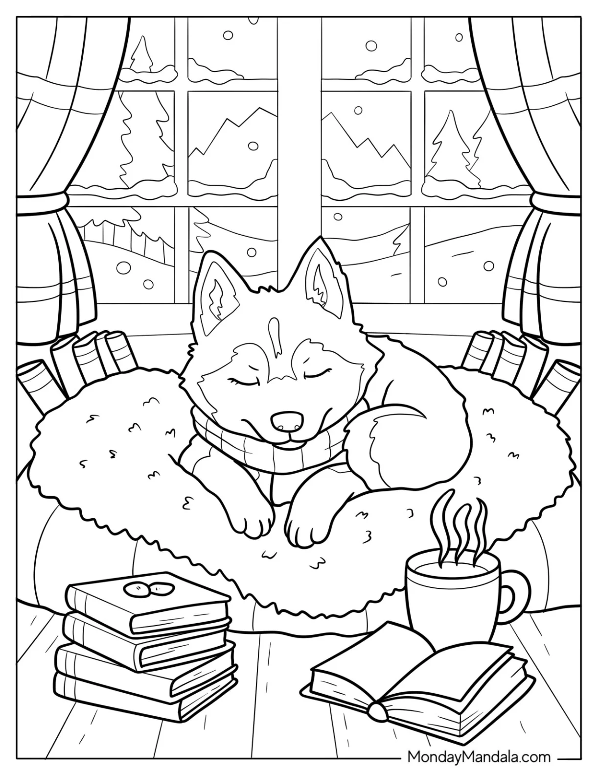 Young Husky Coloring Pages with Scarf Sleeping Next to Books and Hot Beverage coloring page — printable line art