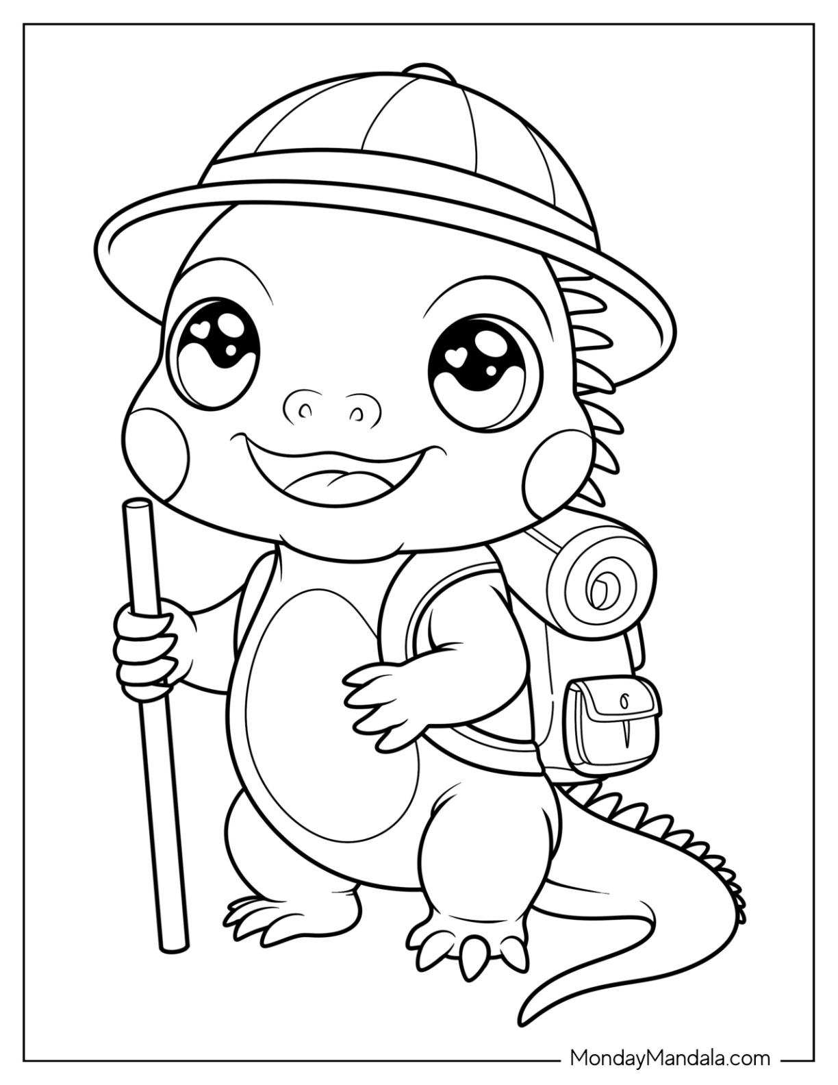 Cartoon Iguana Coloring Page with Hiking Hat and Bag coloring page
