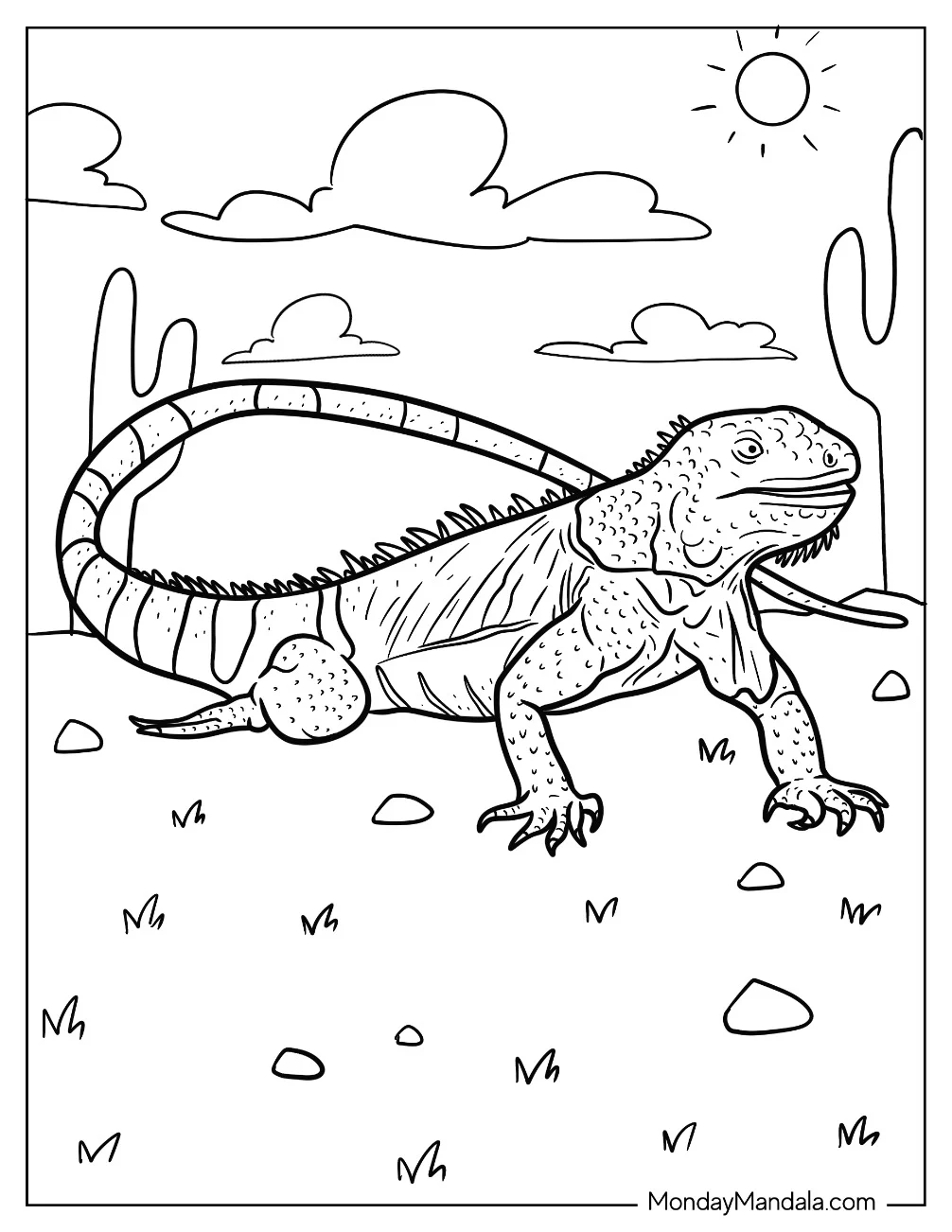 Green Iguana Coloring Page With Striped Tail In The Desert coloring page