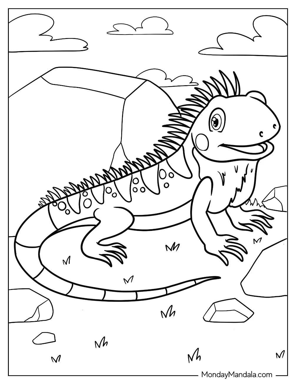 Happy Cartoon Iguana Coloring Page For Kids coloring page