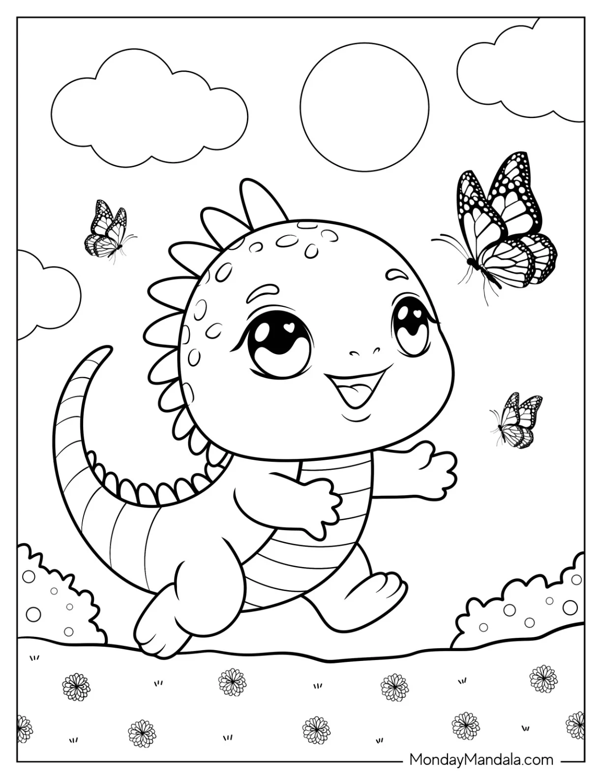 Happy Iguana Coloring Page Chasing a Butterfly for Kids coloring page — printable line art