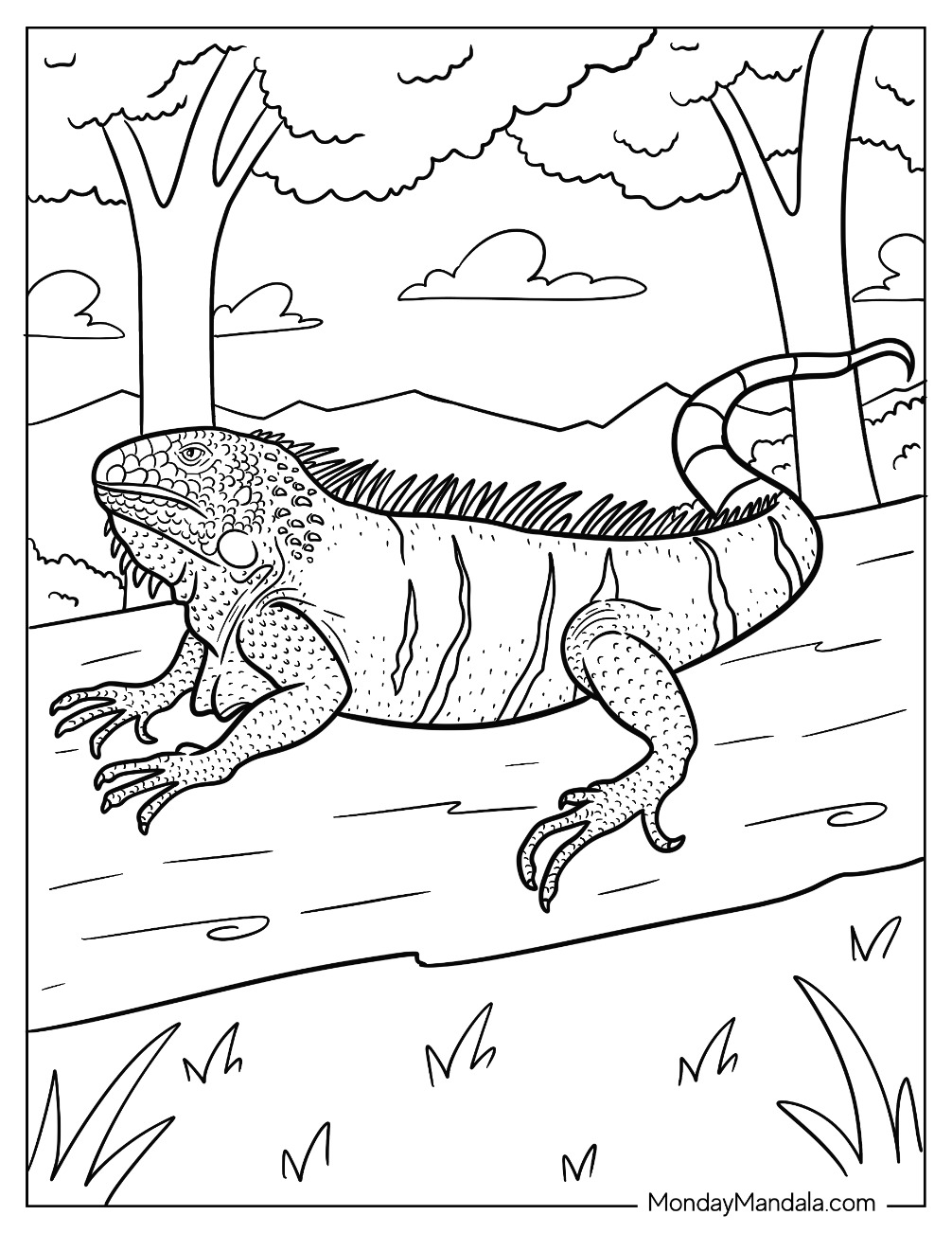 Iguana Coloring Page Crawling On Log coloring page — printable line art