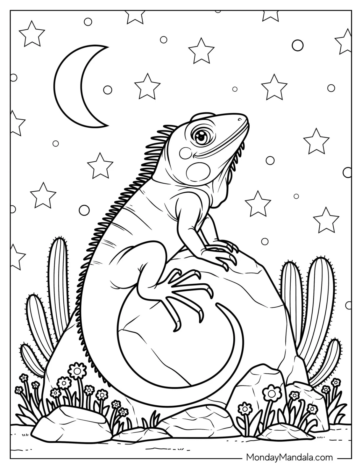 Iguana Coloring Page on a Rock Stargazing coloring page — printable line art