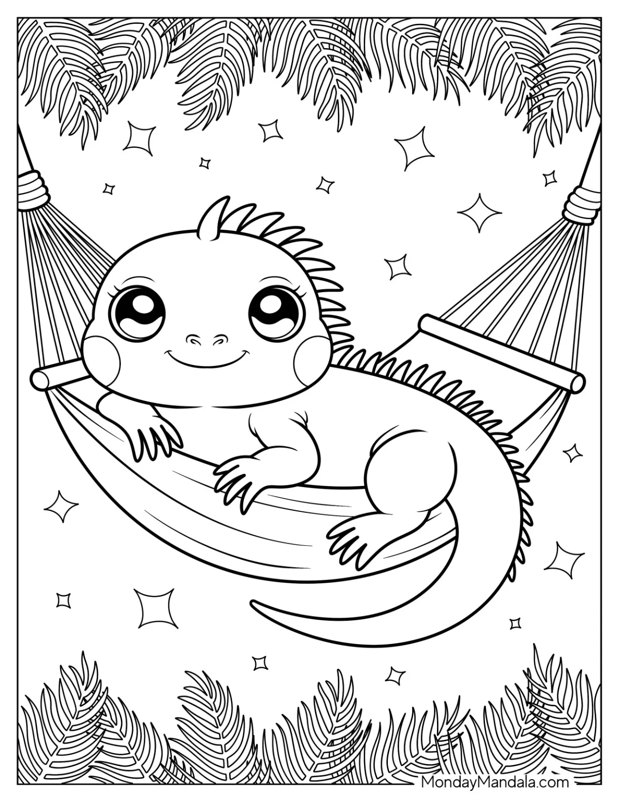 Iguana Coloring Page Resting in a Hammock for Preschoolers coloring page