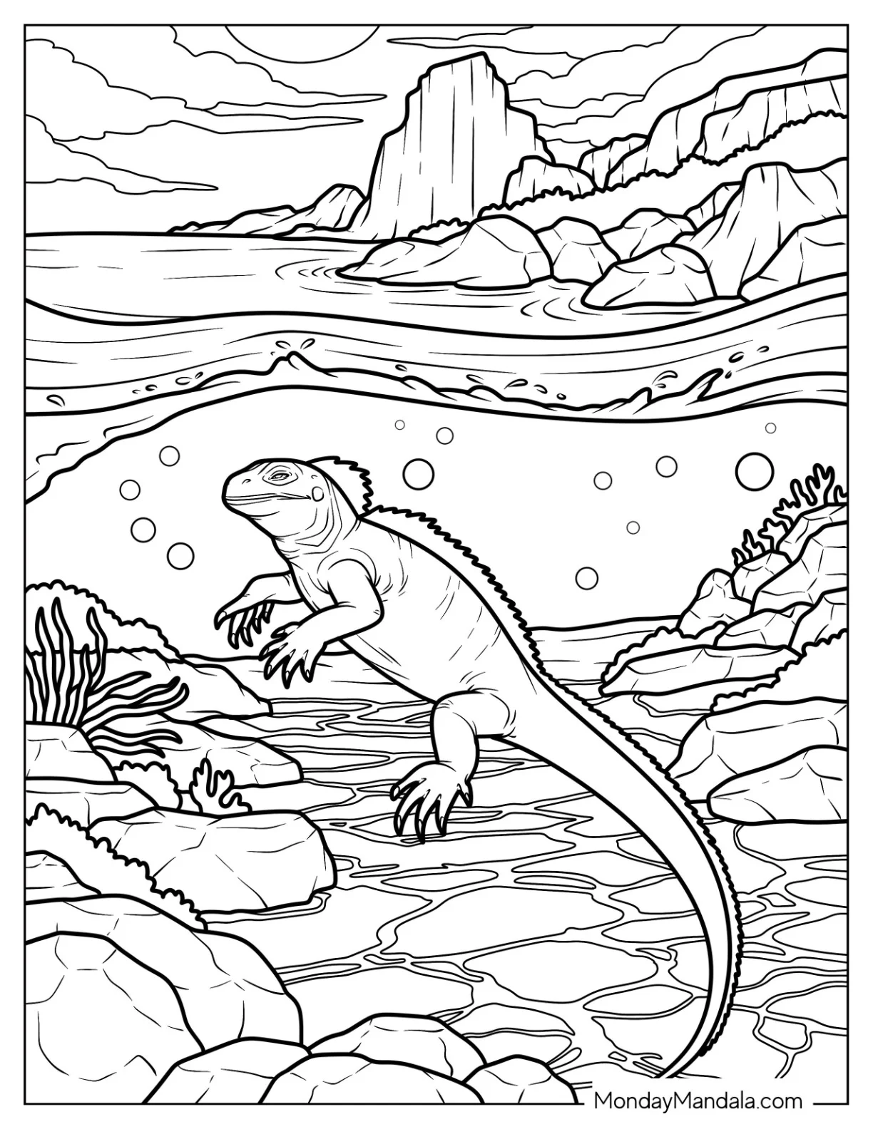 Iguana Coloring Page Swimming in a River coloring page