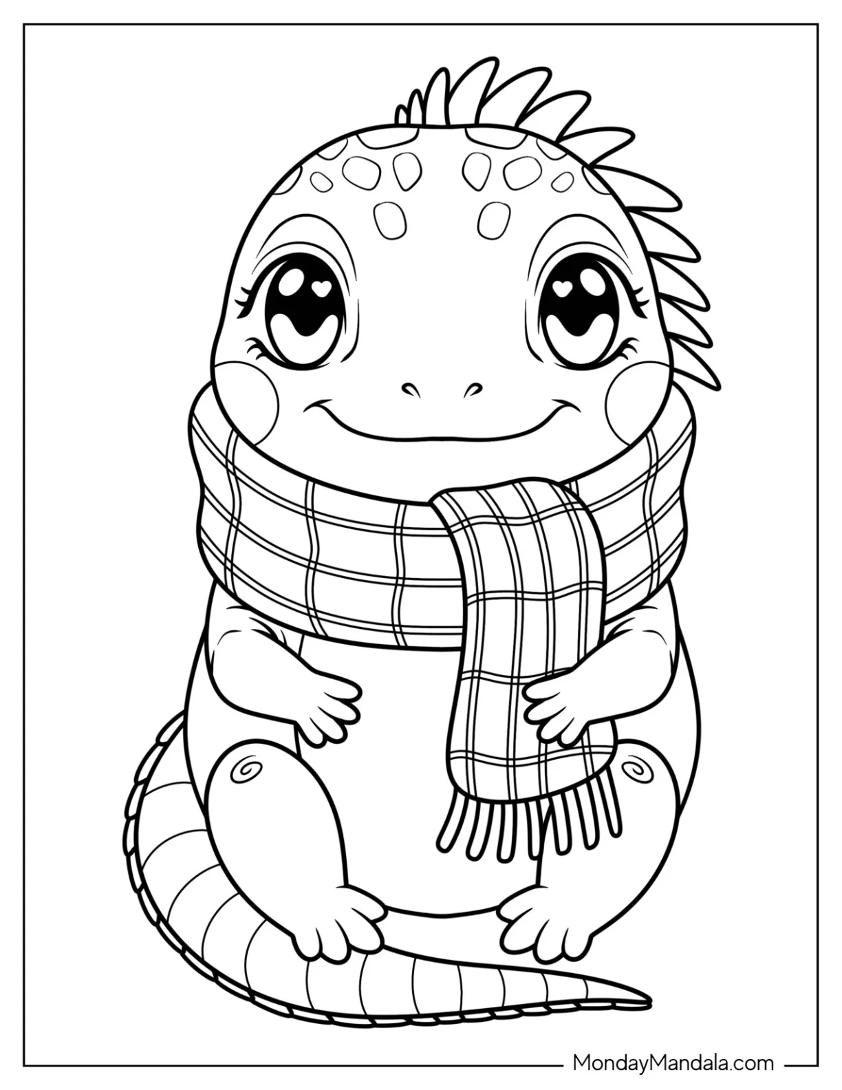 Iguana Coloring Page Wearing a Cozy Scarf for Kids coloring page