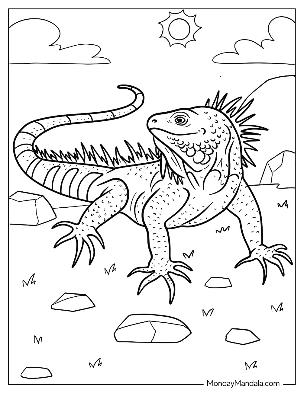 Iguana Coloring Page With Sharp Claws On The Grass coloring page
