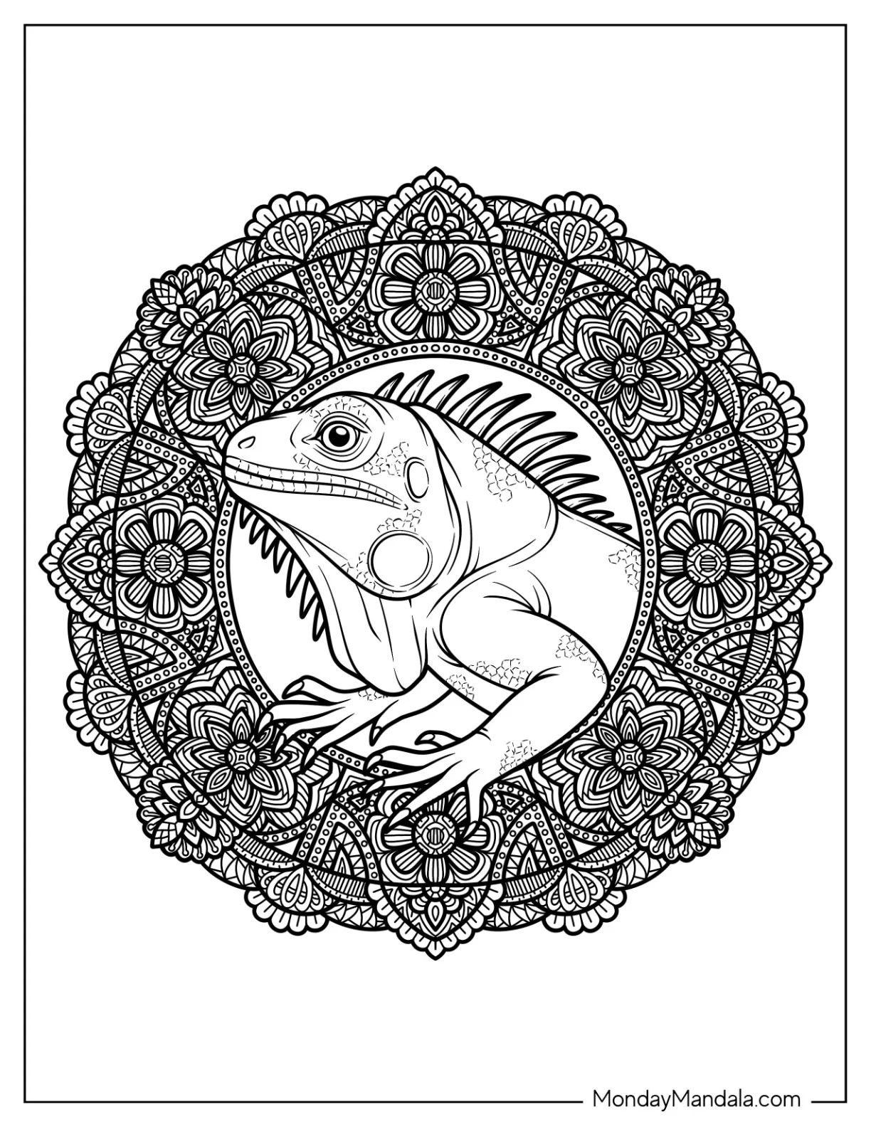 Intricate Iguana Coloring Page at the Center of a Flower Mandala coloring page