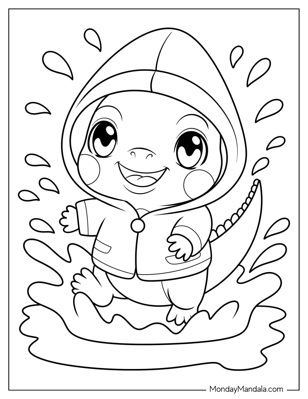 Kawaii Iguana Coloring Page in a Raincoat for Preschoolers coloring page