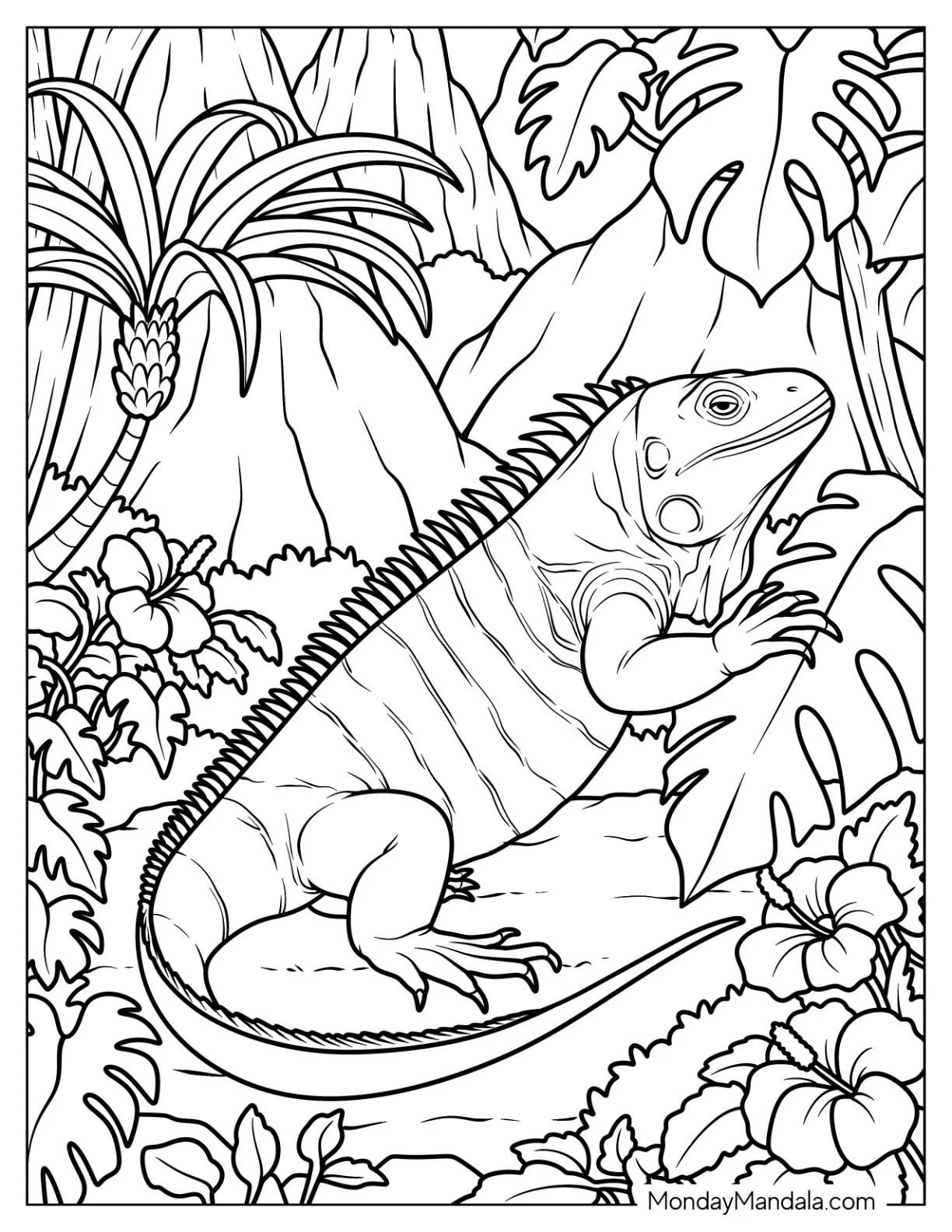 Large Iguana Coloring Page Holding a Leaf in the Jungle coloring page