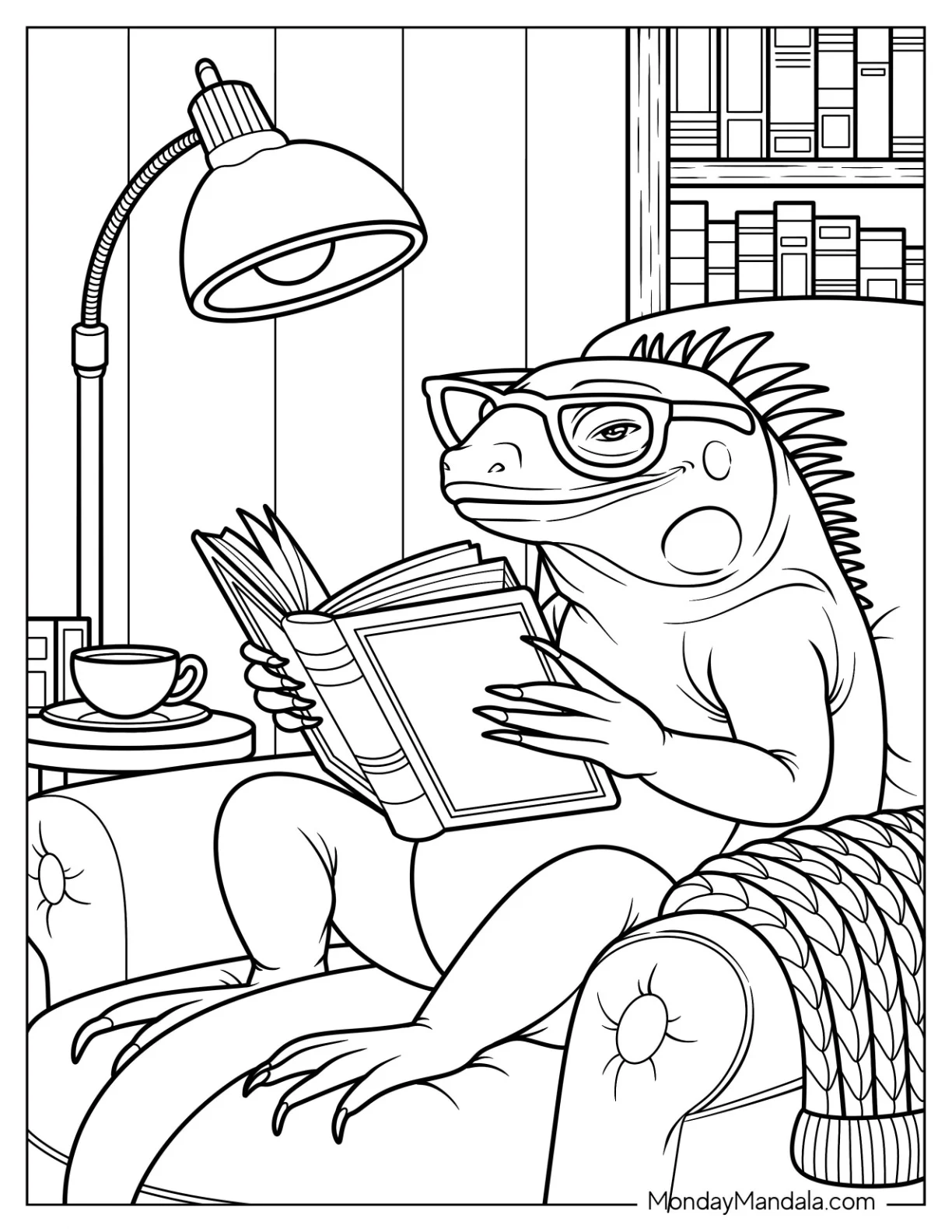 Nerdy Iguana Coloring Page Reading A Book in an Armchair coloring page
