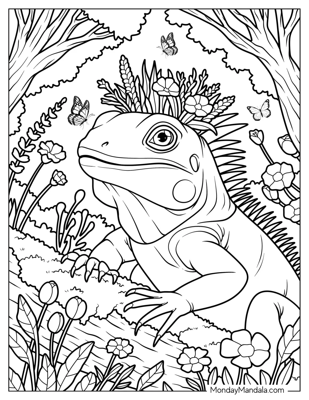 Realistic Iguana Coloring Page Surrounded by Flowers coloring page