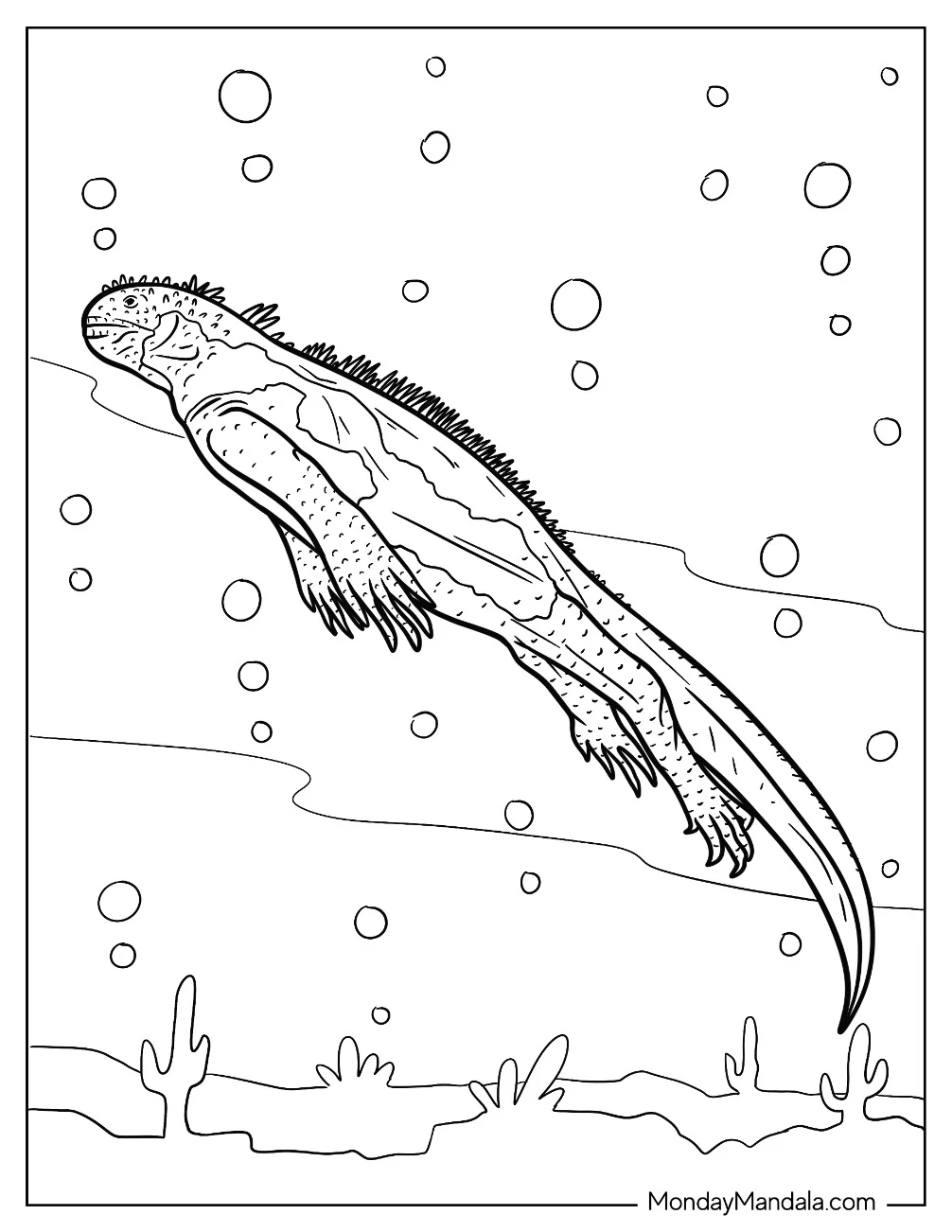 Realistic Iguana Coloring Page Swimming Underwater coloring page
