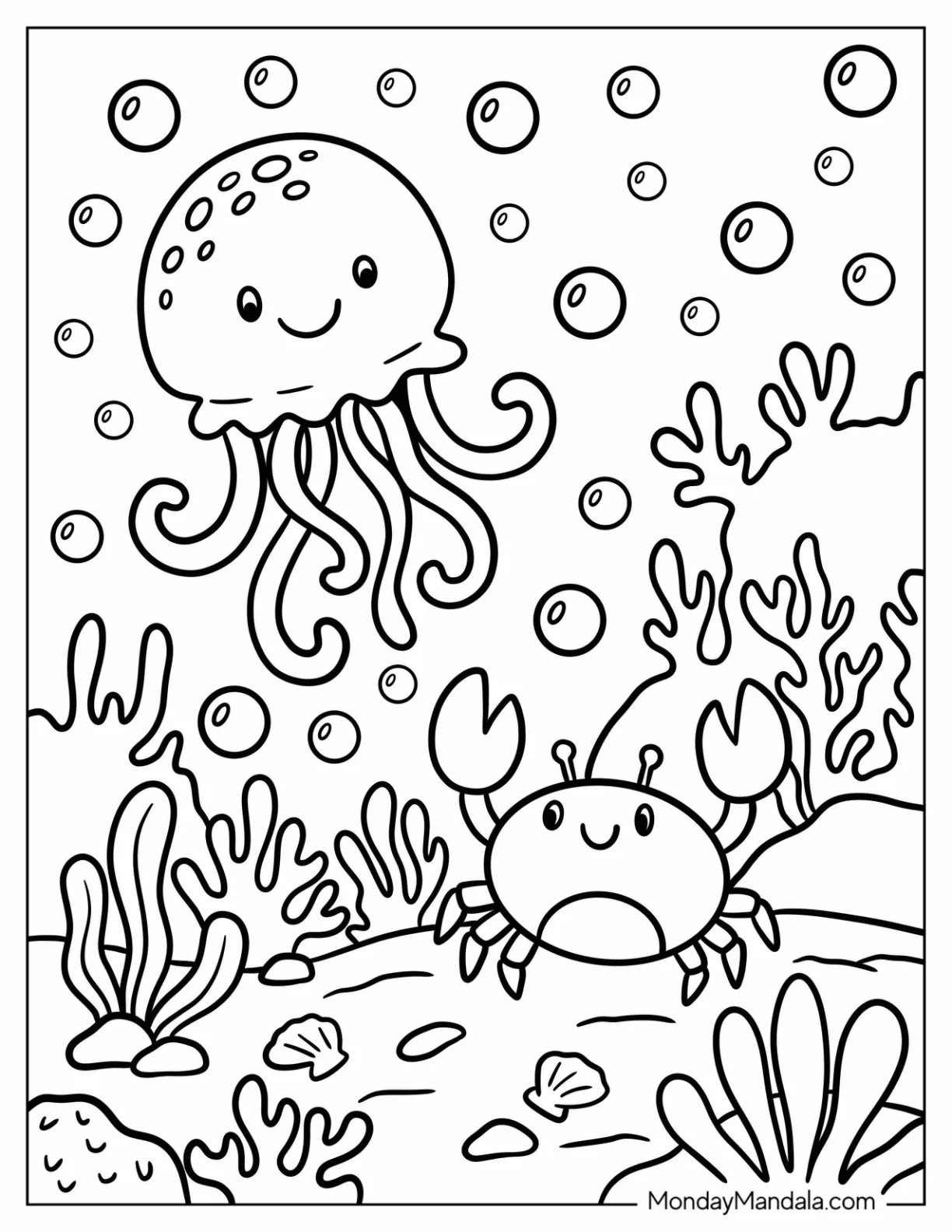 Cartoon Crab and Jellyfish Surrounded with Bubbles Coloring Page for Kids coloring page — printable line art