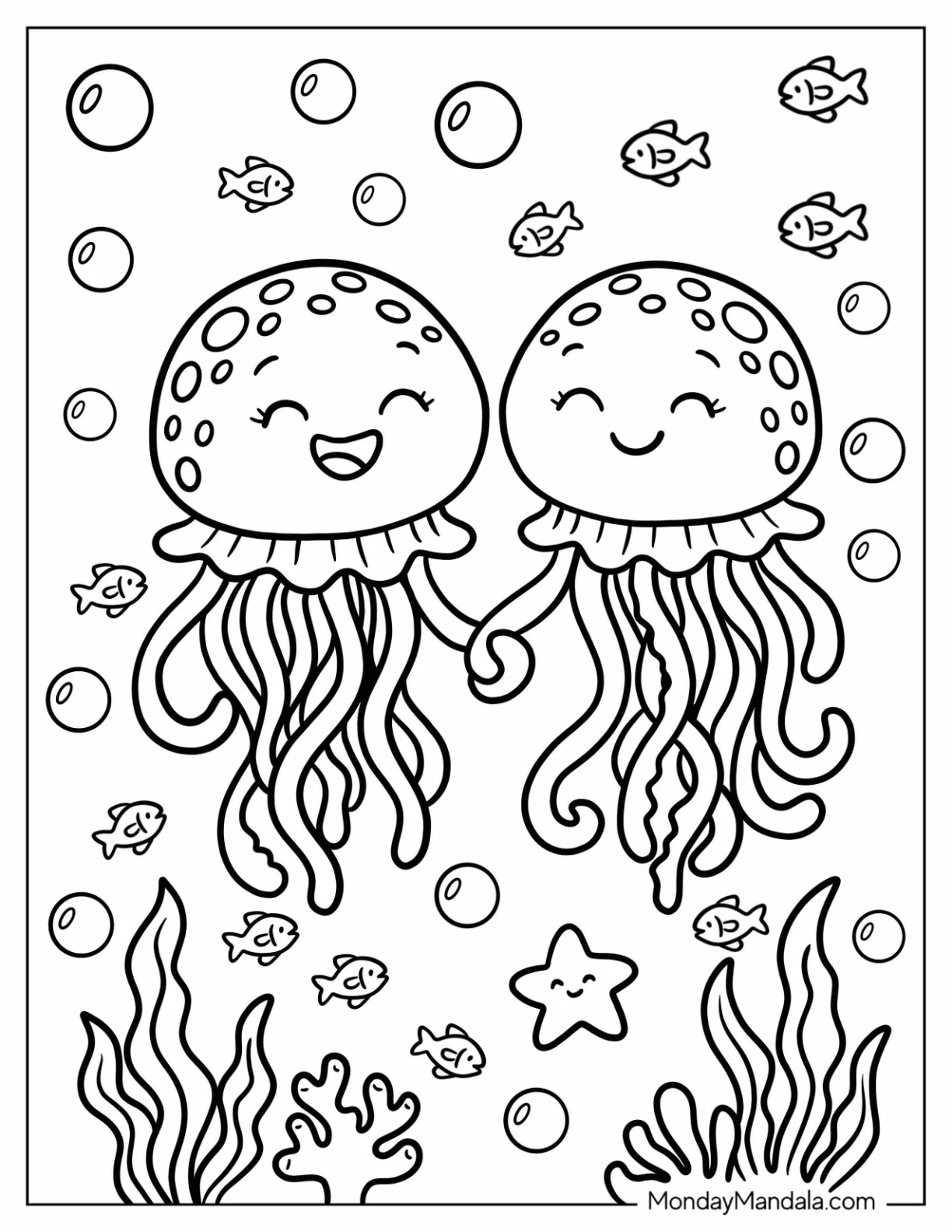 Couple Jellyfish Holding Tentacles Coloring Sheet coloring page — printable line art