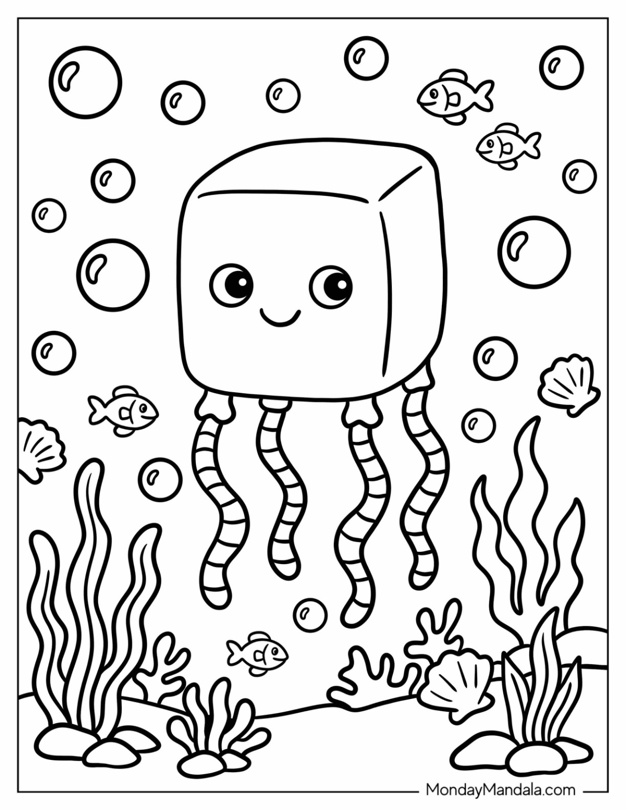 Cube Jellyfish with Seaweed and Bubbles coloring page
