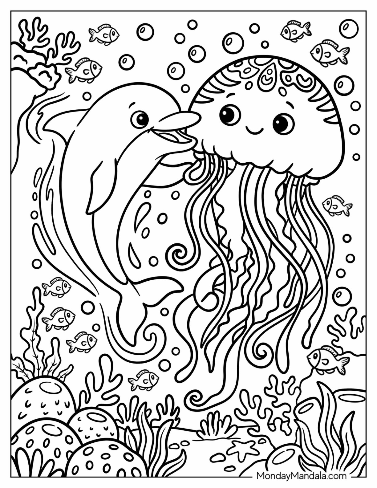 Cute Dolphin Playing with Jellyfish Coloring Sheet coloring page — printable line art