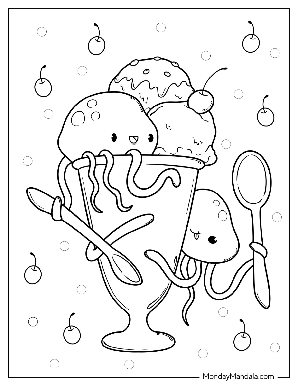 Cute Jellyfish Coloring Page Eating Ice Cream Cone coloring page — printable line art