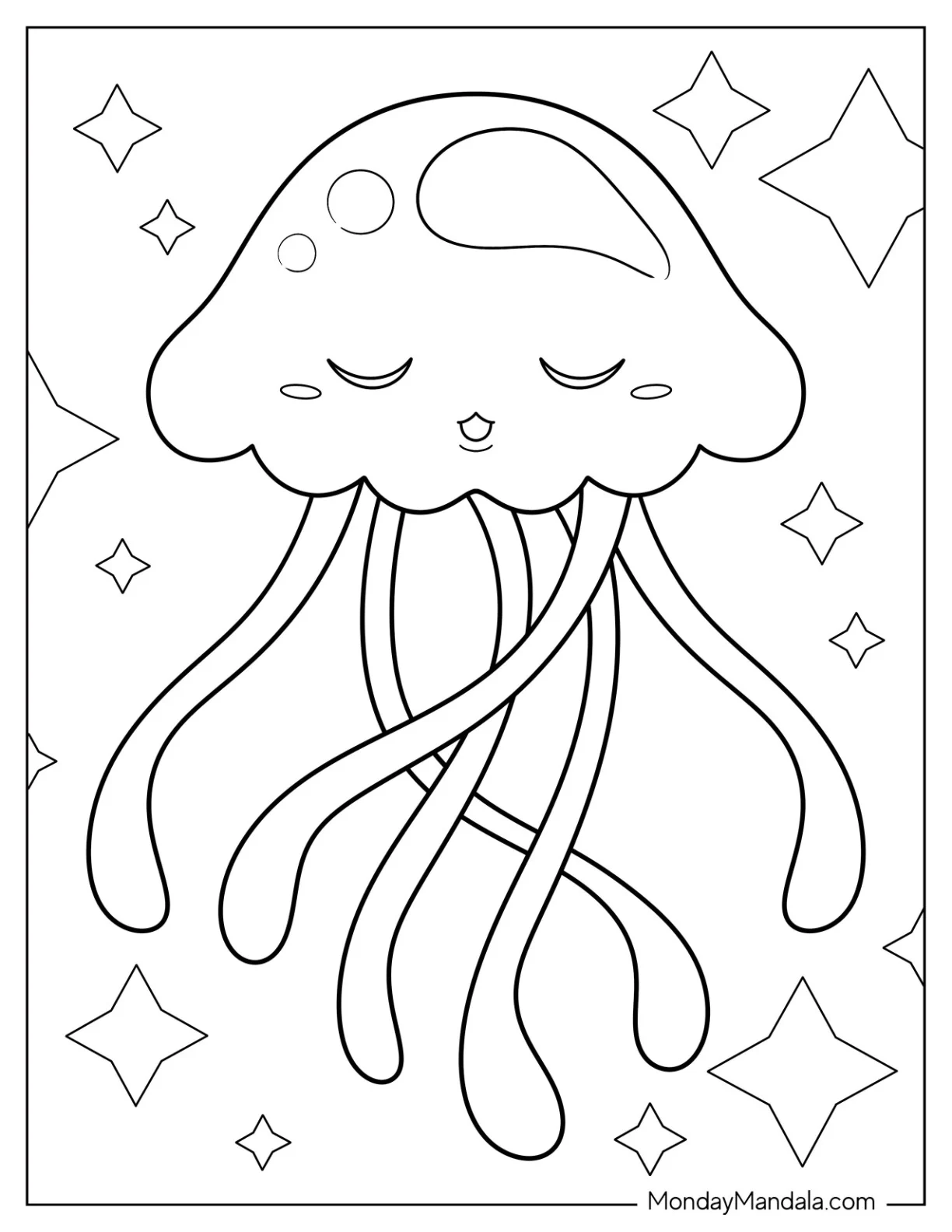 Cute Sleeping Jellyfish Coloring Page For Kids coloring page — printable line art