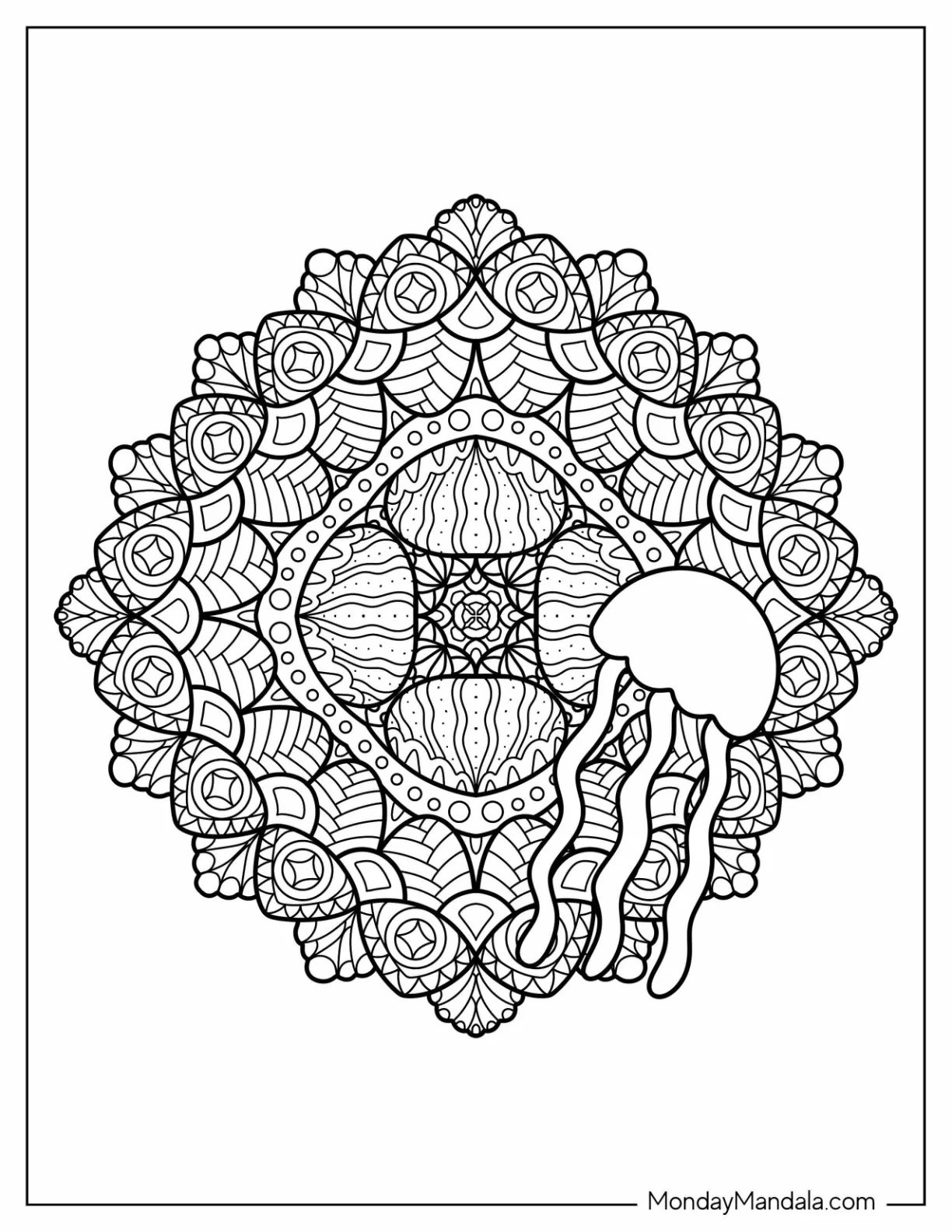 Detailed Jellyfish Coloring Page Mandala coloring page — printable line art
