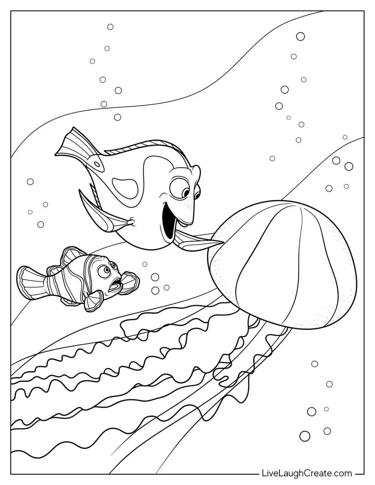 Dory And Marlin Swimming With Jellyfish Coloring Page coloring page