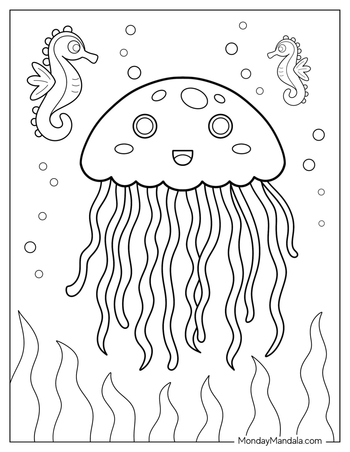 Easy Jellyfish Coloring Page Outline With Seahorse coloring page