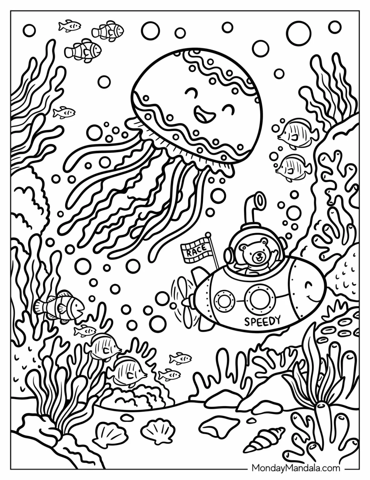 Explorer Bear in Submarine Underwater with Massive Jellyfish coloring page