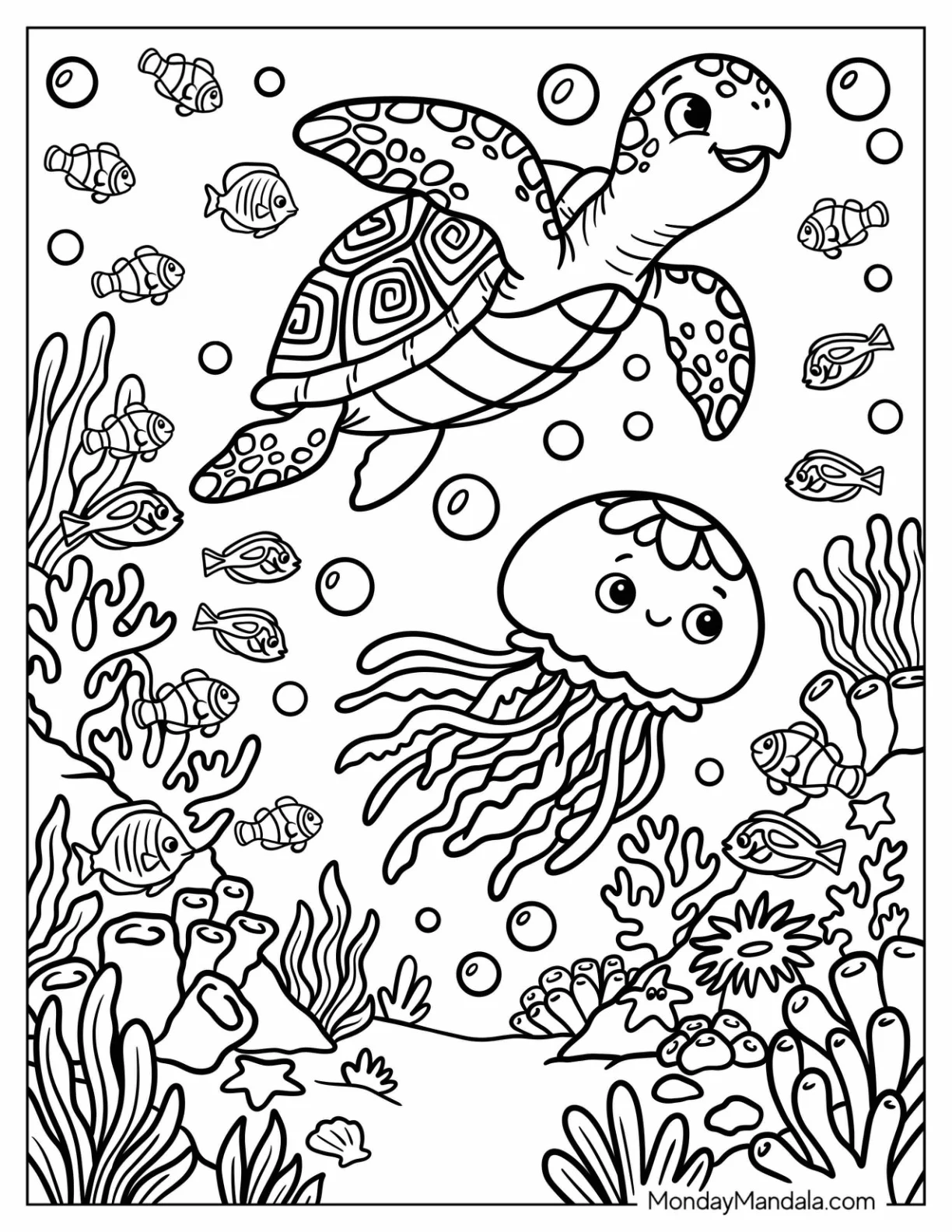 Friendly Turtle Swimming with Baby Jellyfish Coloring Page coloring page — printable line art