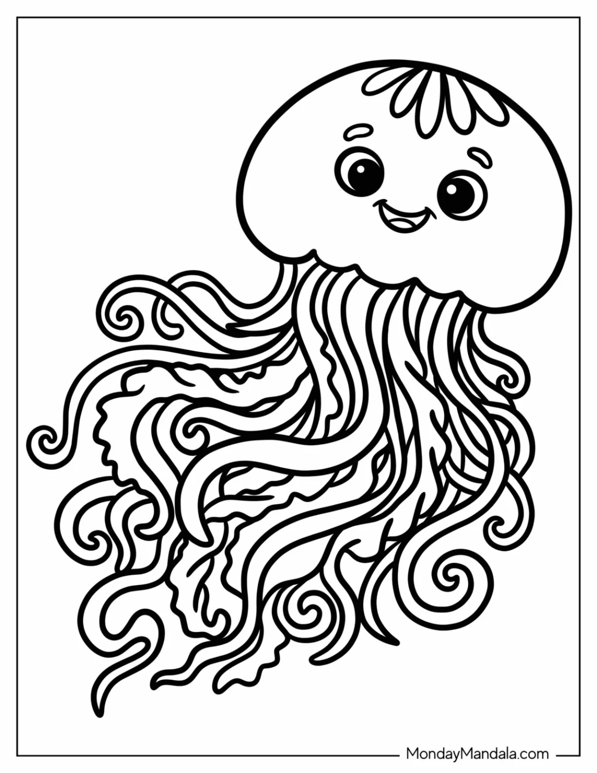 Happy Jellyfish with Long Tentacles Coloring Sheet coloring page — printable line art