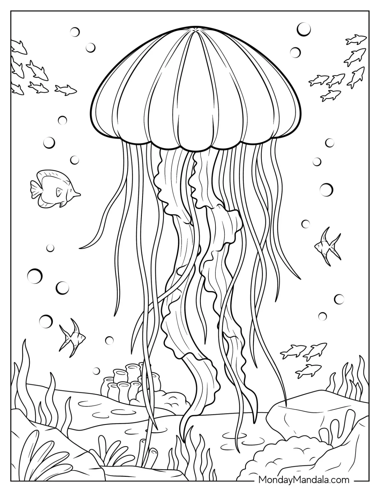 Jellyfish Coloring Page Near The Sea Floor coloring page