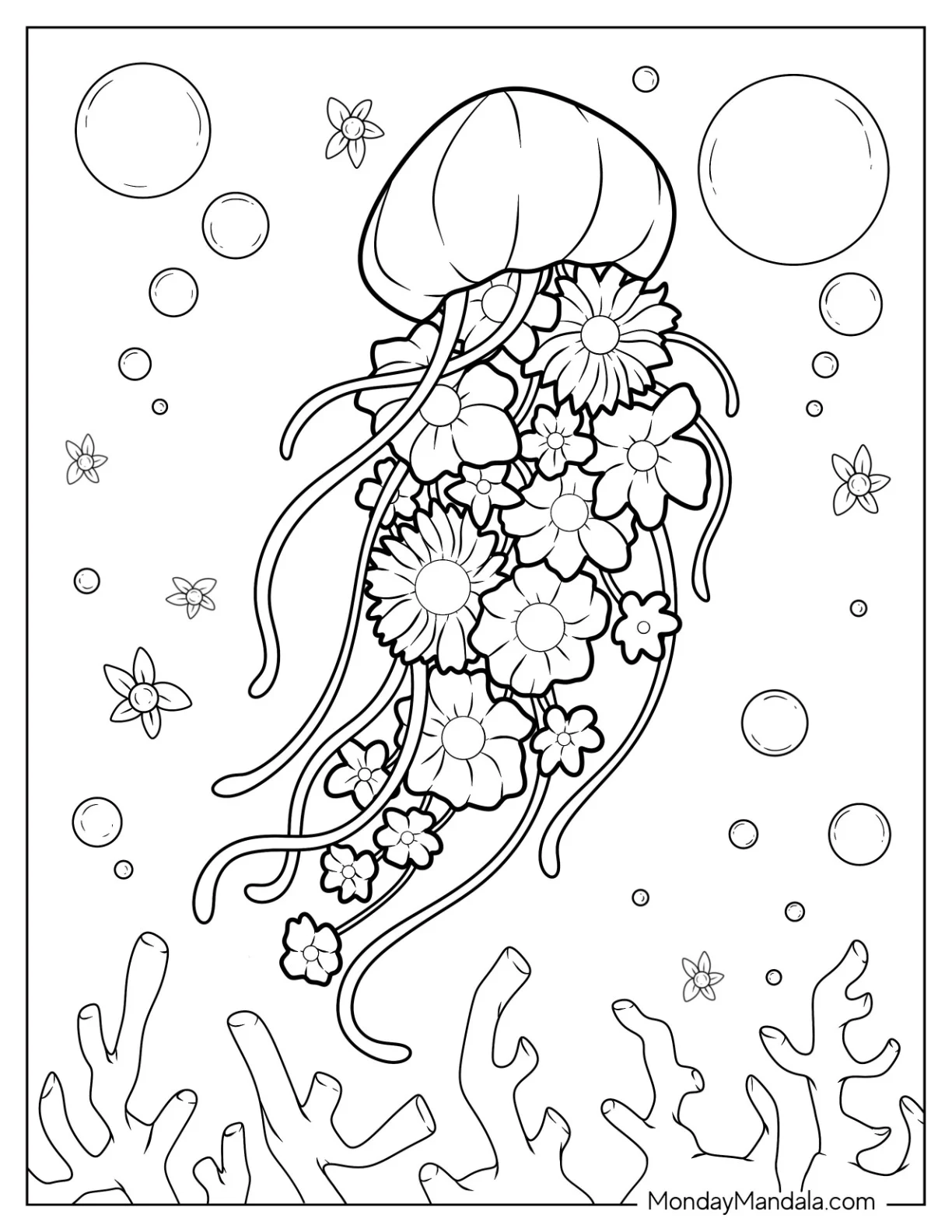 Jellyfish Coloring Page With Flowers On Tentacles coloring page