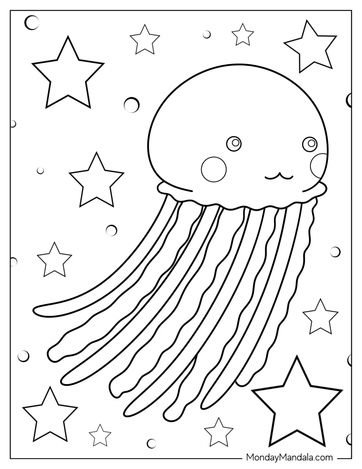 Jellyfish Coloring Page With Long Tentacles For Kids coloring page — printable line art