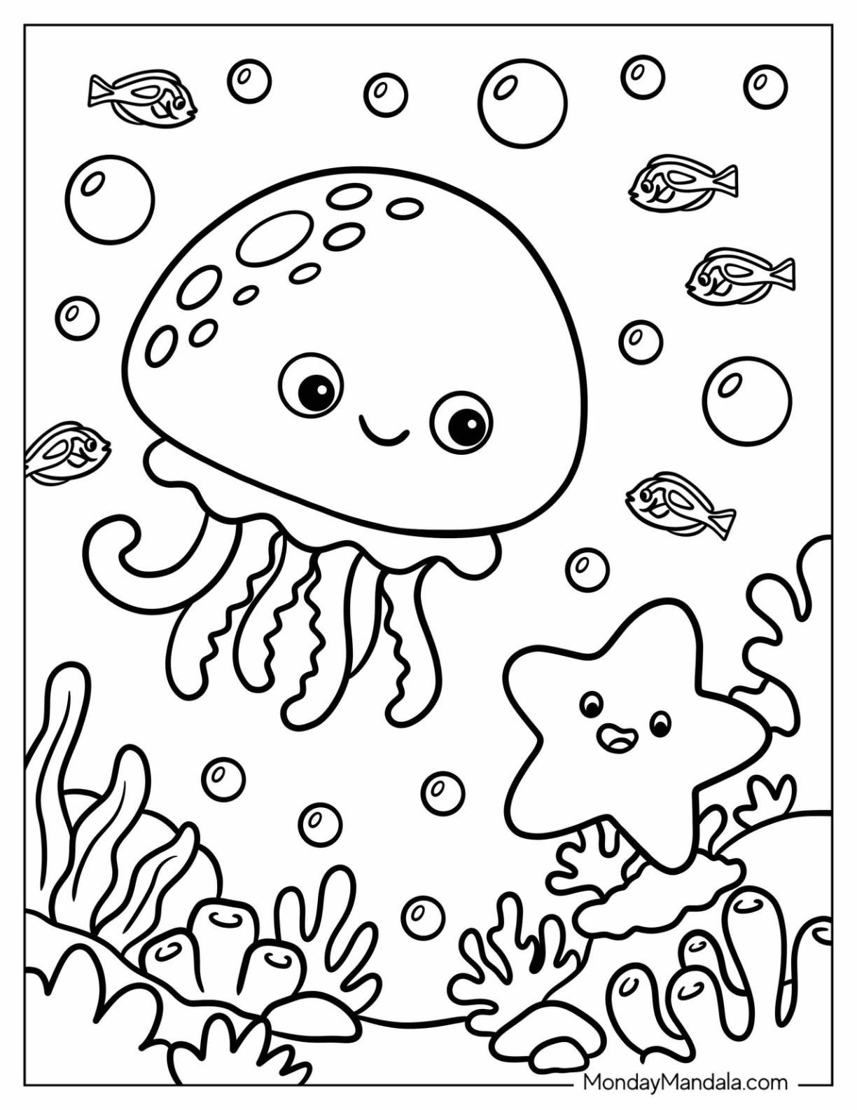 Jellyfish Smiling Down at Starfish Coloring Page for Kids coloring page — printable line art