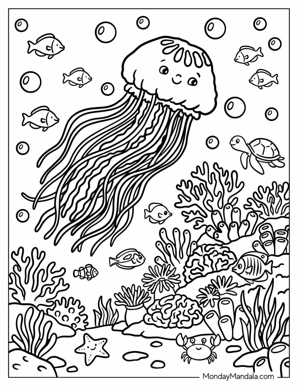 Jellyfish with Many Tentacles Swimming on a Reef coloring page — printable line art