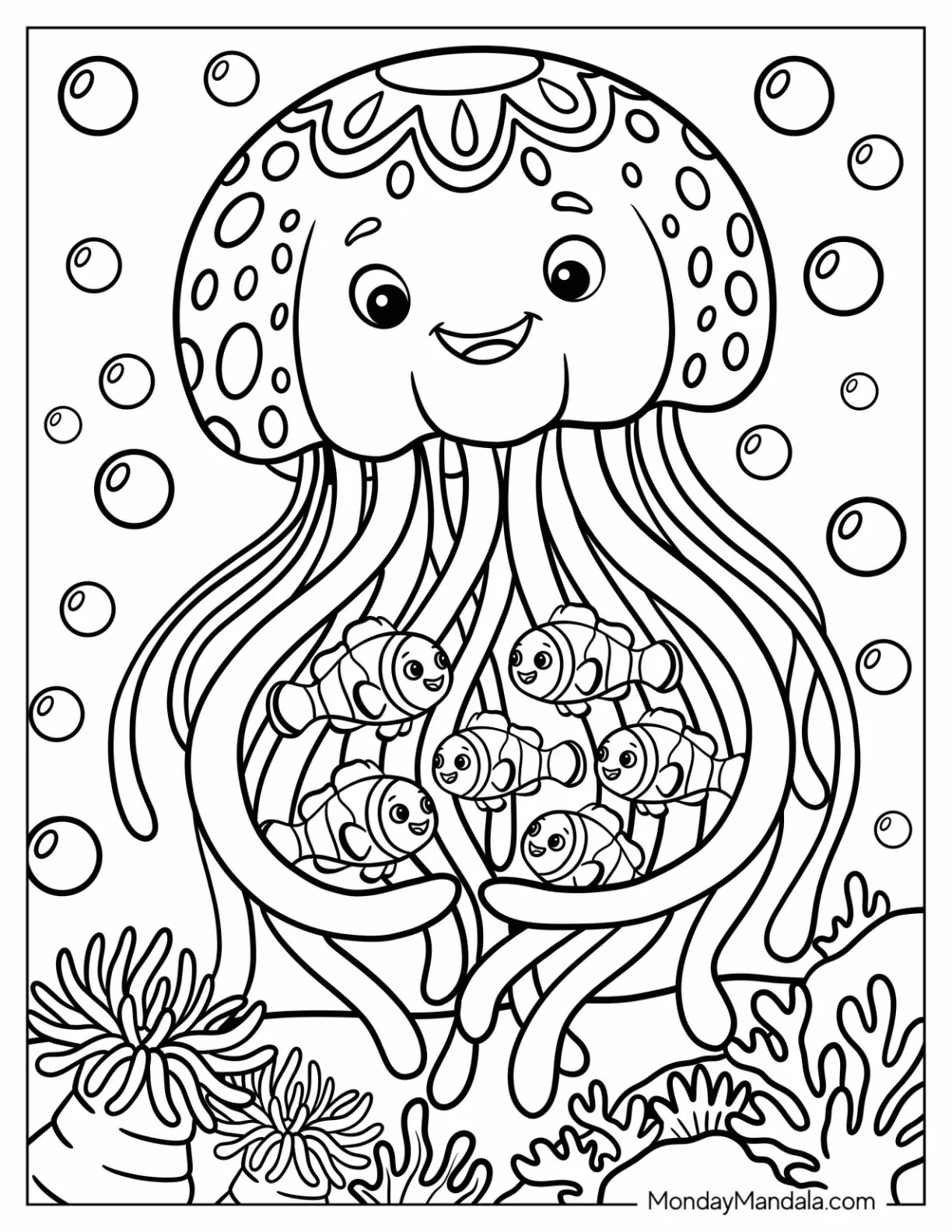 Large Jellyfish with Baby Clownfish coloring page