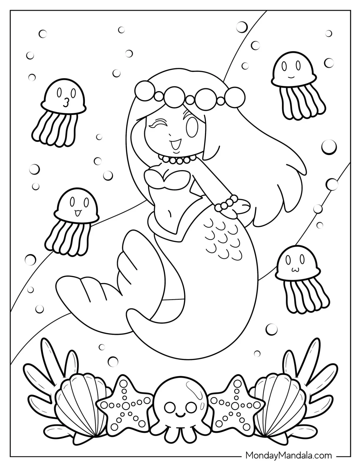 Mermaid Swimming With Jellyfish Coloring Page coloring page — printable line art