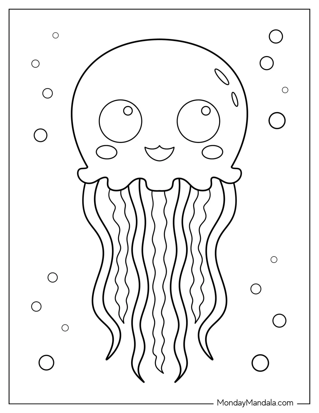 Simple Cartoon Jellyfish Coloring Page With Bubbles coloring page