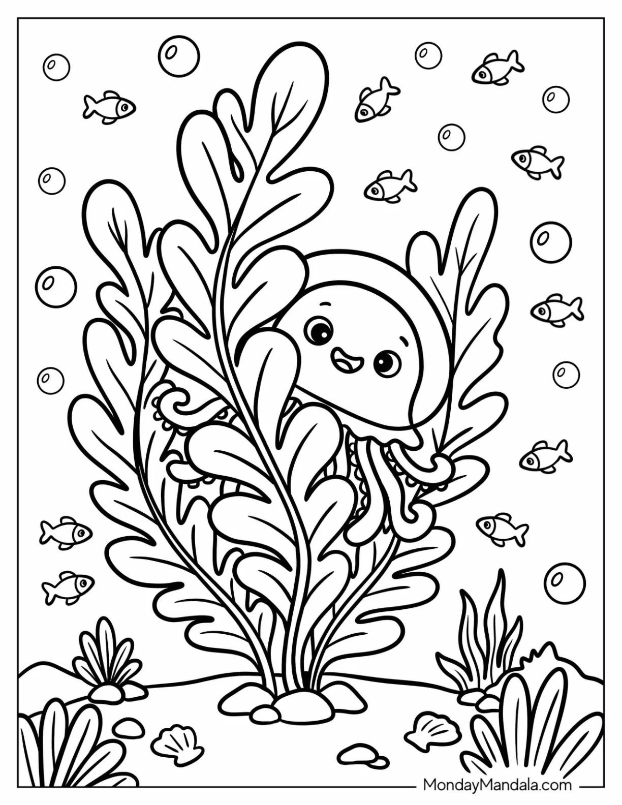 Small Jellyfish Hiding Behind Seaweed Coloring Sheet coloring page