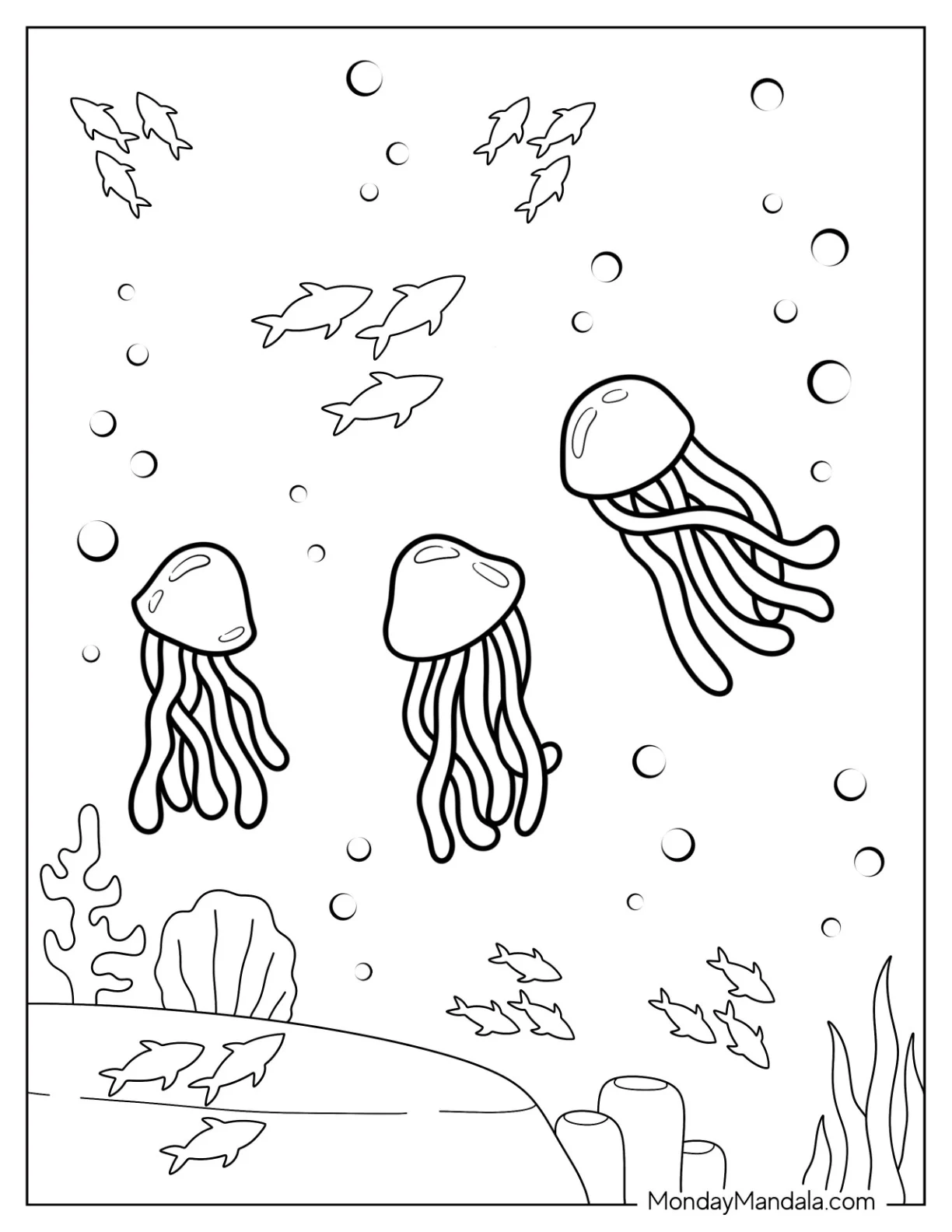 Three Jellyfish Coloring Page Swimming In Coral Reef coloring page — printable line art